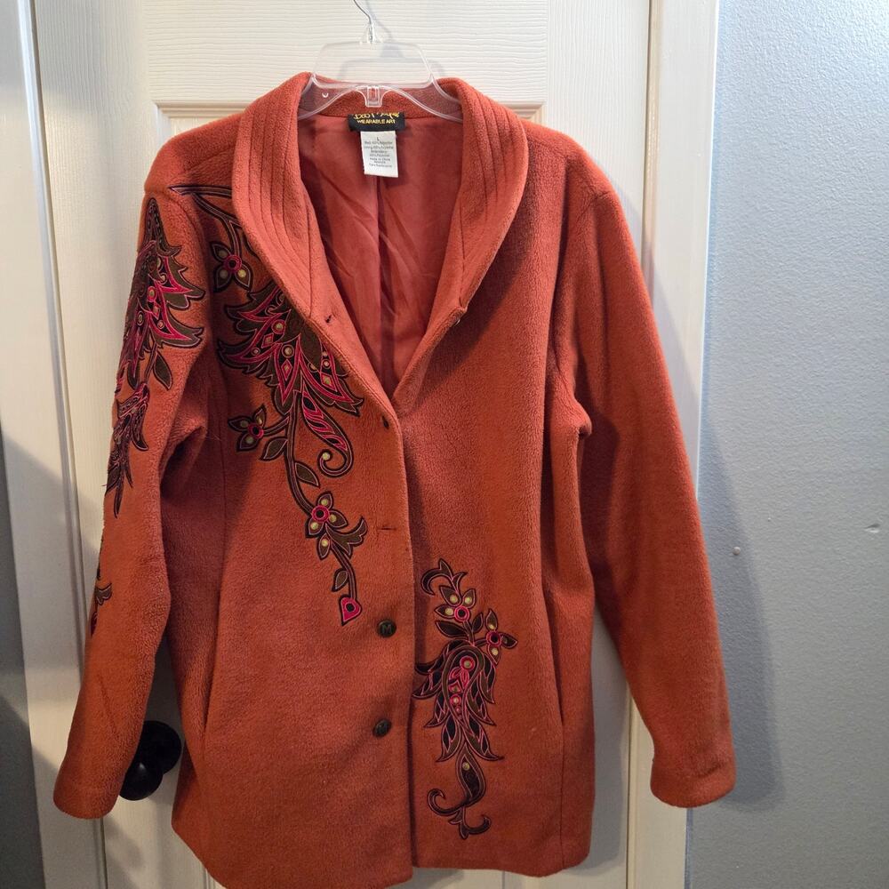 Bob Mackie Wearable Art Embroidered Fleece Jacket Orange Large - Picture 2 of 8